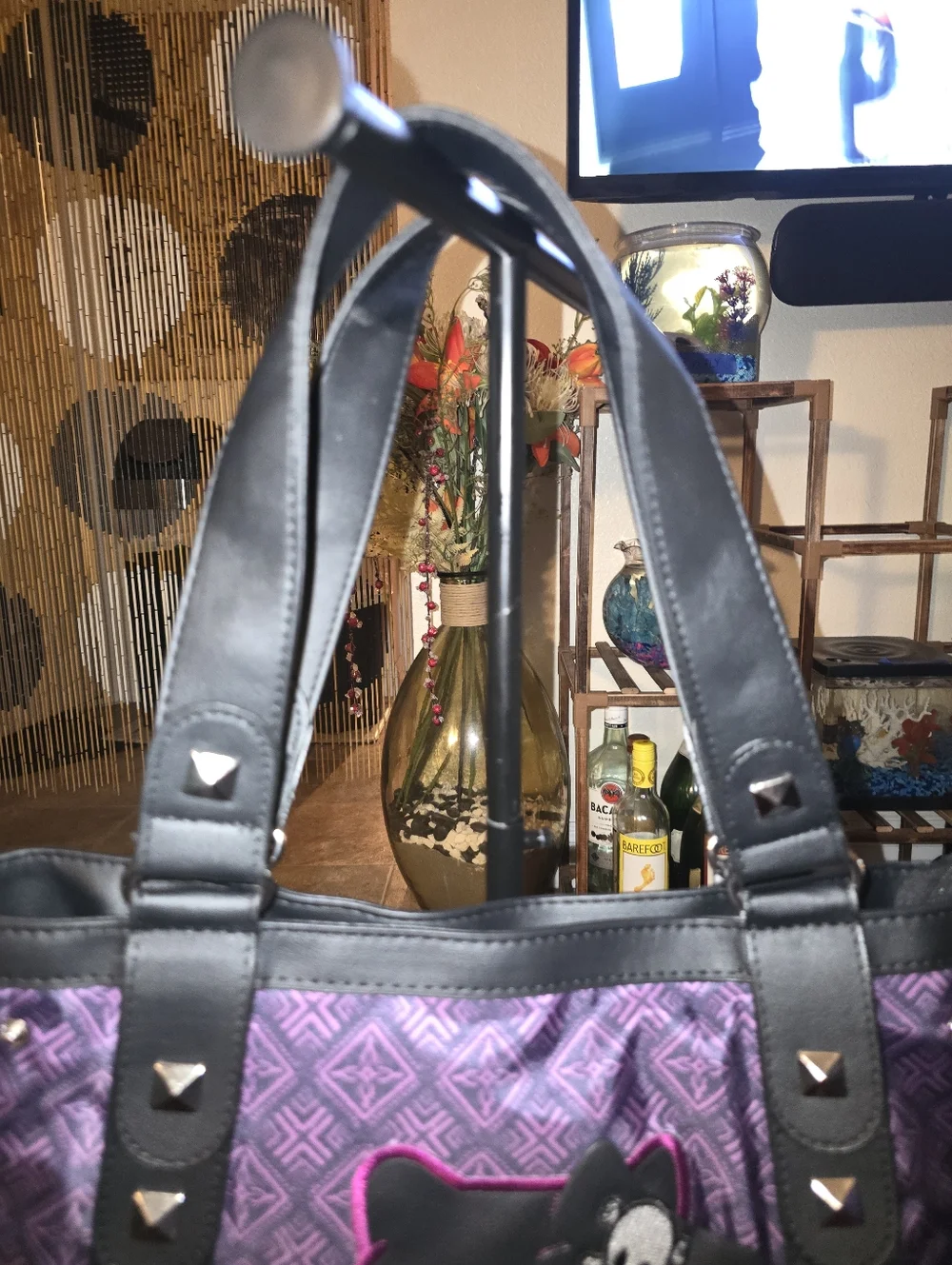 Purple/Black/Pink Skull Kitty Tote Bag with Studded Straps - Picture 3 of 15